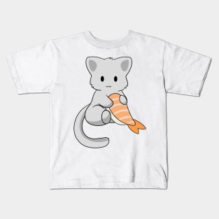 Grey Cat with Prawn Sushi Kids T-Shirt